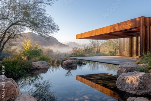 Eco pavilion arid setting featuring upcycled steel beams mirrored in water foreground under soft morning mist ultra high resolution