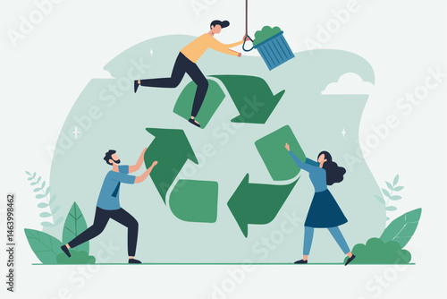 Recycling Process Illustration With People Supporting Environmental Sustainability And Waste Management
