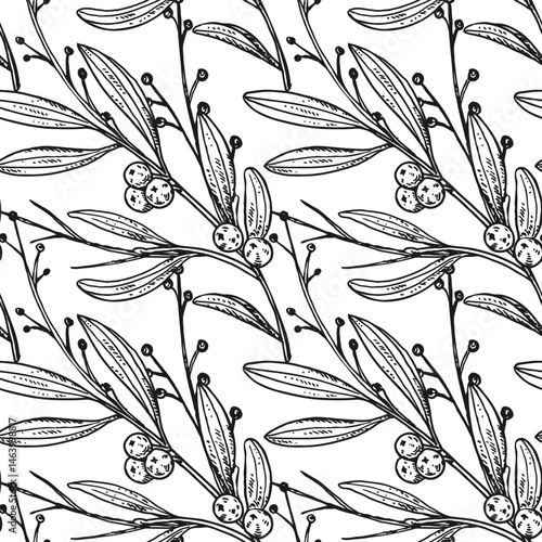 Seamless pattern with hand-drawn mistletoe branches and berries