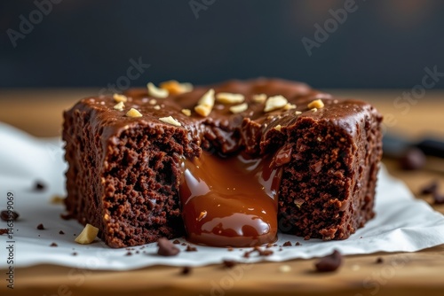 premium brownie with molten center cut open, showing gooey texture and artisanal ingredients.
