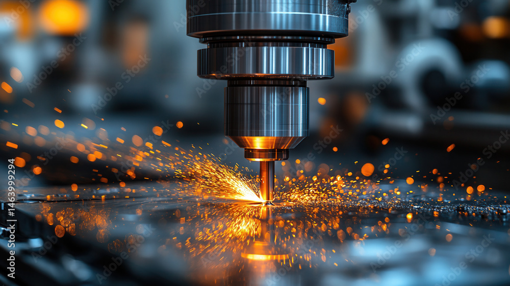 close-up of CNC milling machine cutting a metal surface, showing precision and sparks close-up of CNC milling machine cutting a metal surface, showing precision and sparks