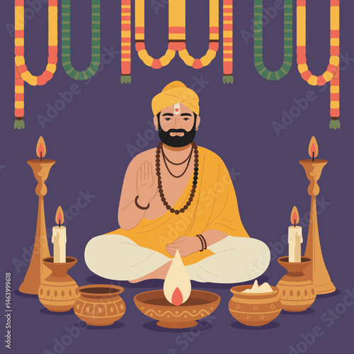 Traditional Indian Guru Illustration with Festive Decor