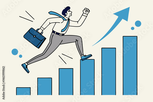 Cartoon Businessman Running Up Bar Graph Toward Arrow Symbolizing Career Growth