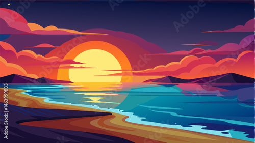 The last rays of sunlight kissing the beach as the sun bids adieu for the day leaving behind a breathtaking canvas of colors over the serene ocean.