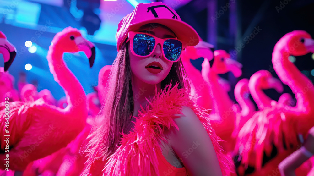 Naklejka premium Vibrant Party Scene with Flamingos and Fashionable Woman in Neon Pink Attire