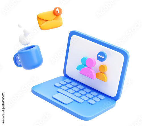 3D team communication icon with email alert and coffee on laptop