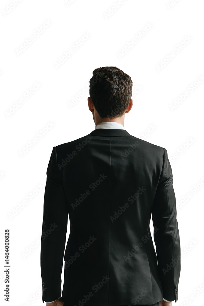 A man in a black suit stands with his back turned against a dark background businessman rear view professional elegant on transparent background wear A man in a black suit stands with his back turned against a dark background businessman rear view professional elegant on transparent background wear