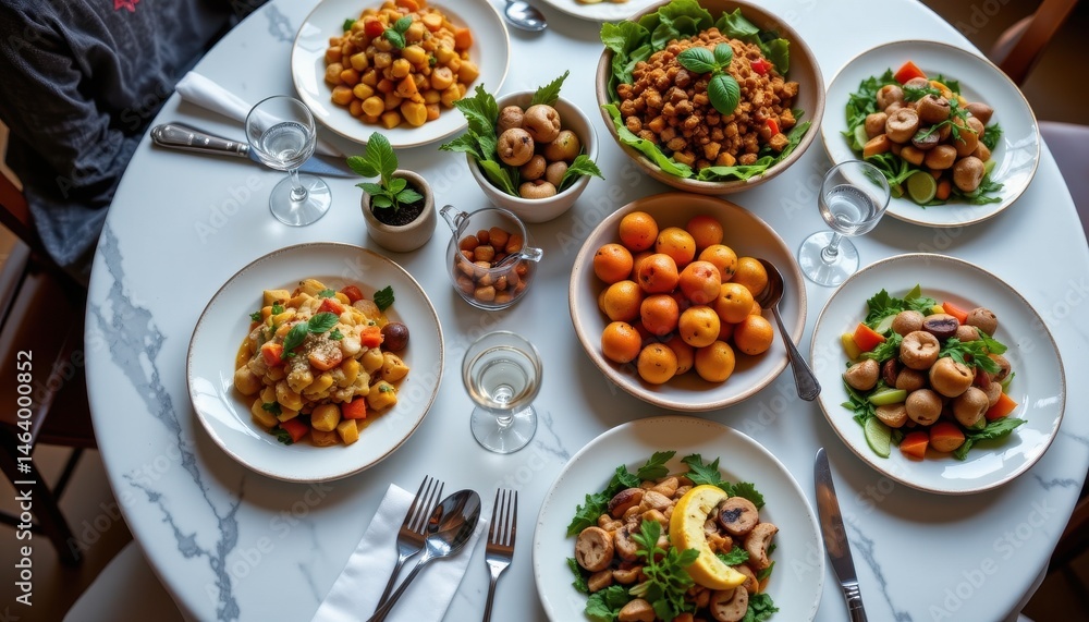high angle image of a dinner table spread highlighting mushroom gluten free dishes for guests. high angle image of a dinner table spread highlighting mushroom gluten free dishes for guests.