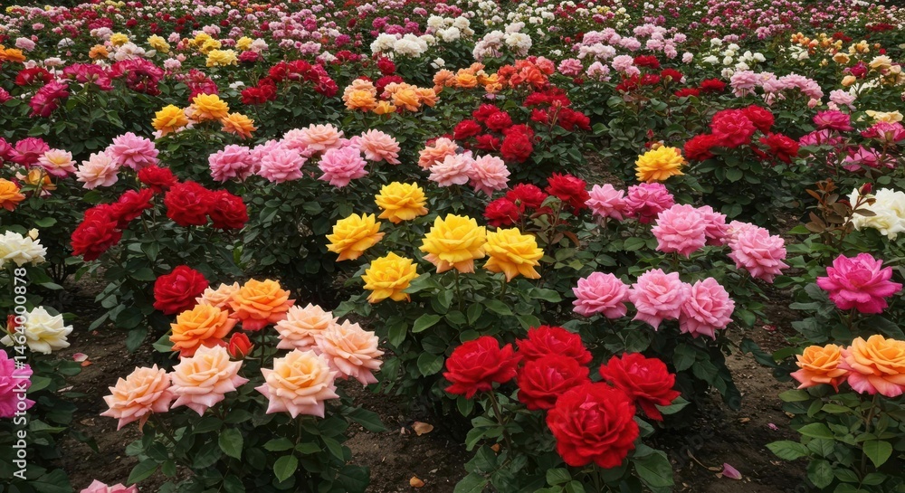 Fototapeta premium Many colorful roses in flowerbed with soft lighting.