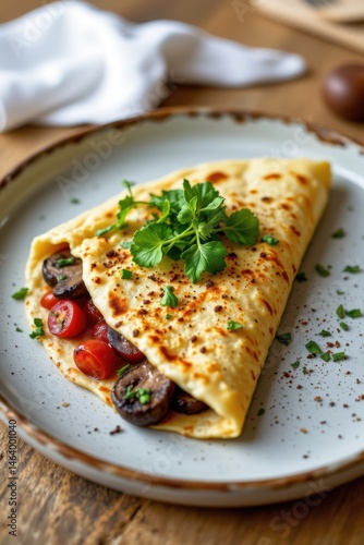 Wallpaper Mural side view of a gourmet plated mushroom gluten free crepe, styled with minimalist plating. Torontodigital.ca