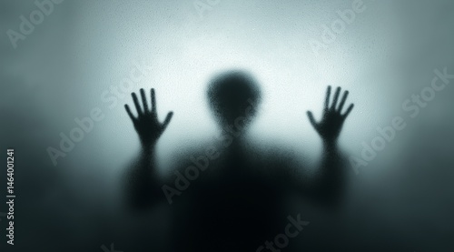Haunting horror concept image of mysterious humanoid figure pressing hands against foggy glass with dramatic backlighting creating a sinister atmospheric effect