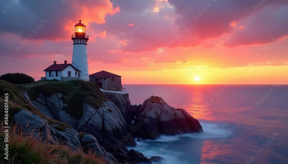 Fototapeta premium Solitary lighthouse on rocky outcrop at sunset, view, idyllic