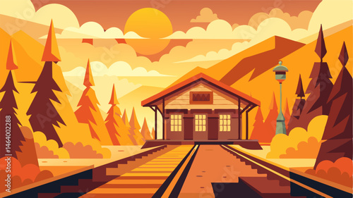 The warm rays of the setting sun casting a golden glow on a quaint railway station amidst autumn trees in full bloom.
