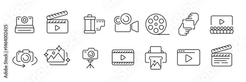 Outline icon set for photography and video production: cameras, film reels, editing tools