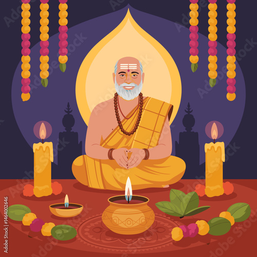 Traditional Indian Guru Illustration with Festive Decor