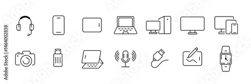 Essential electronics icons set: communication, computing, mobile and multimedia in a clean outline style