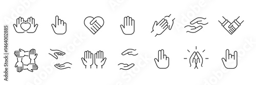 Outline icon set: diverse hand gestures for communication, support, and unity
