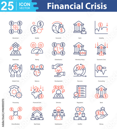 Financial Crisis icon sheet vector illustration blockchain, bubble, economic, bank, volatility, depression, rating, globalization, monetary policy, economic crisis, global crisis, balance, development