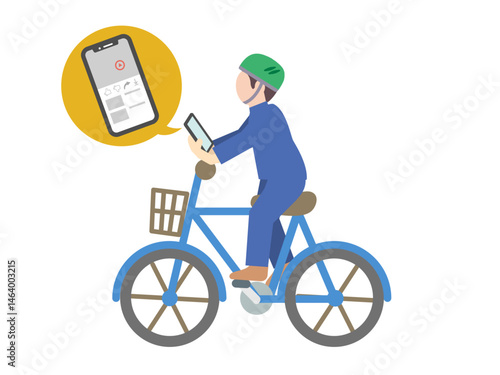 自転車の交通ルール違反のイラスト - スマホを見ながら運転する人
