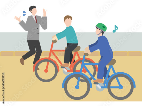 自転車の交通ルール違反のイラスト -  並走する人物と困る人のイラスト