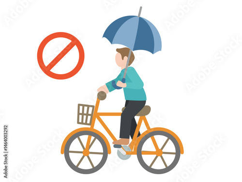 自転車の交通ルール違反のイラスト -  傘を差しながら運転する人のイラスト