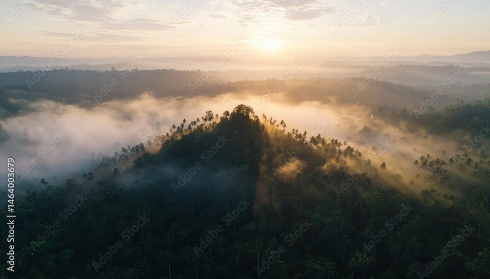 Fototapeta premium Sunrise over misty tropical hills