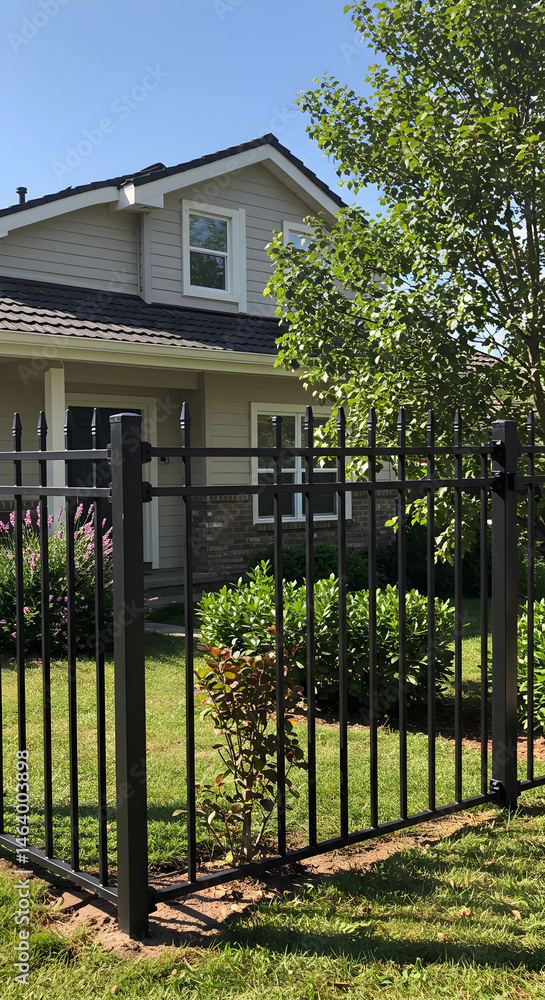 Photo Of A Black Fence In Front Of A House With Green Garden And Blue Sky Photo Of A Black Fence In Front Of A House With Green Garden And Blue Sky