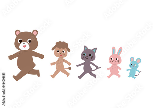 一列になって楽しそうに行進しているかわいい動物たち