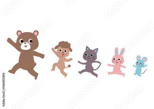 一列になって楽しそうにスキップしながら進んでいるかわいい動物たち