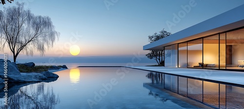 Modern waterfront residence louvered atrium and bay outlook silhouette view beneath pastel night sky