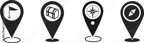 Black Vector Icon Set of Map Pins with Flag Chest Compass and Arrow