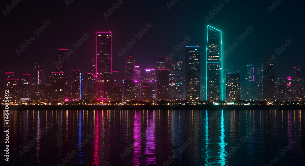 Naklejka premium Photo of a Nighttime Cityscape Skyline with Neon Lights and Reflections