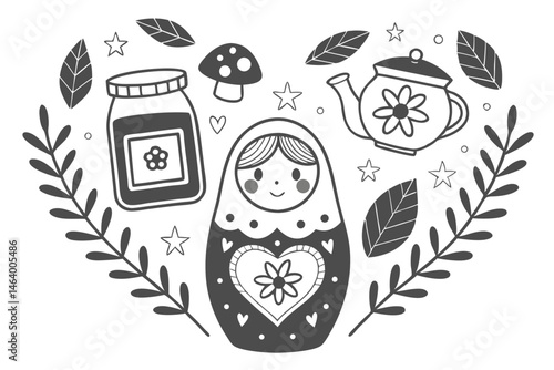 68 Monochrome illustration, Russian nesting doll, jam jar, teapot, vase with flowers, framed botanical art, heart shape, mushrooms, leaves, stars, cozy kitchen items, Scandinavian folk art style, blac
