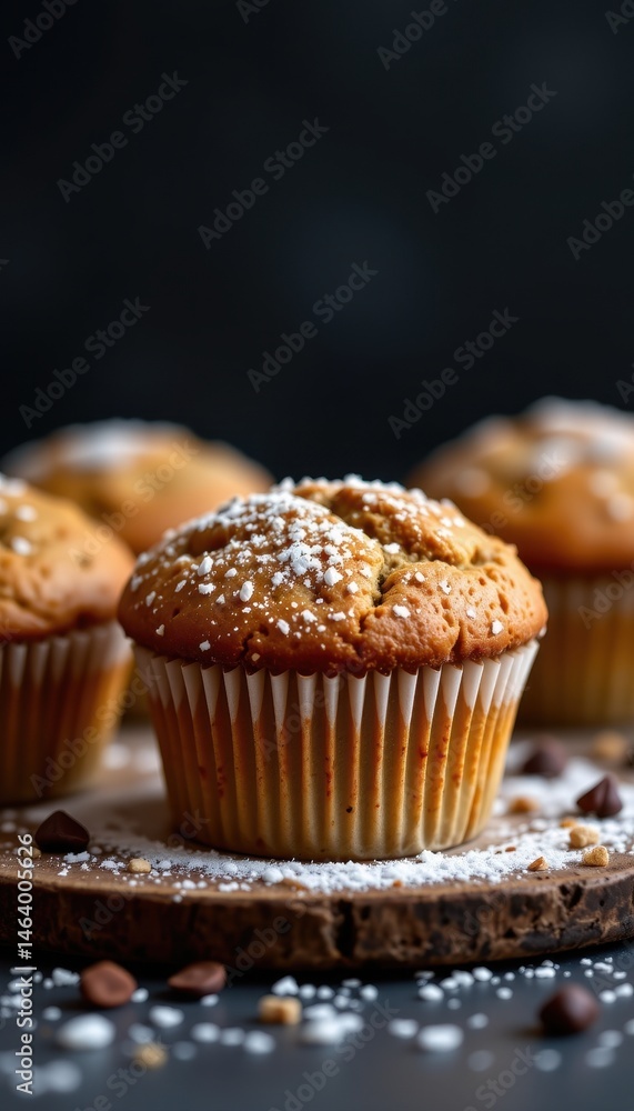 high contrast photo of a sugar free muffin set against a dark background with spotlighting. high contrast photo of a sugar free muffin set against a dark background with spotlighting.