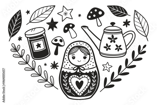 68 Monochrome illustration, Russian nesting doll, jam jar, teapot, vase with flowers, framed botanical art, heart shape, mushrooms, leaves, stars, cozy kitchen items, Scandinavian folk art style, blac