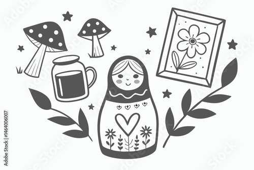 68 Monochrome illustration, Russian nesting doll, jam jar, teapot, vase with flowers, framed botanical art, heart shape, mushrooms, leaves, stars, cozy kitchen items, Scandinavian folk art style, blac