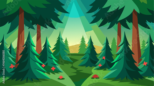 The canopy of a coniferous forest sprawls out creating a carpet of deep green needles interrupted only by the occasional burst of color from a flowering tree.