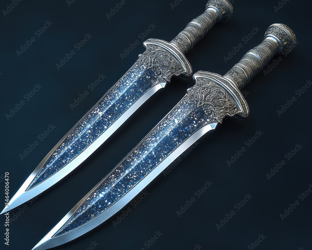 Twin Ornate Daggers with Starry Pattern on Blades Set Against Dark Background in Artistic Composition