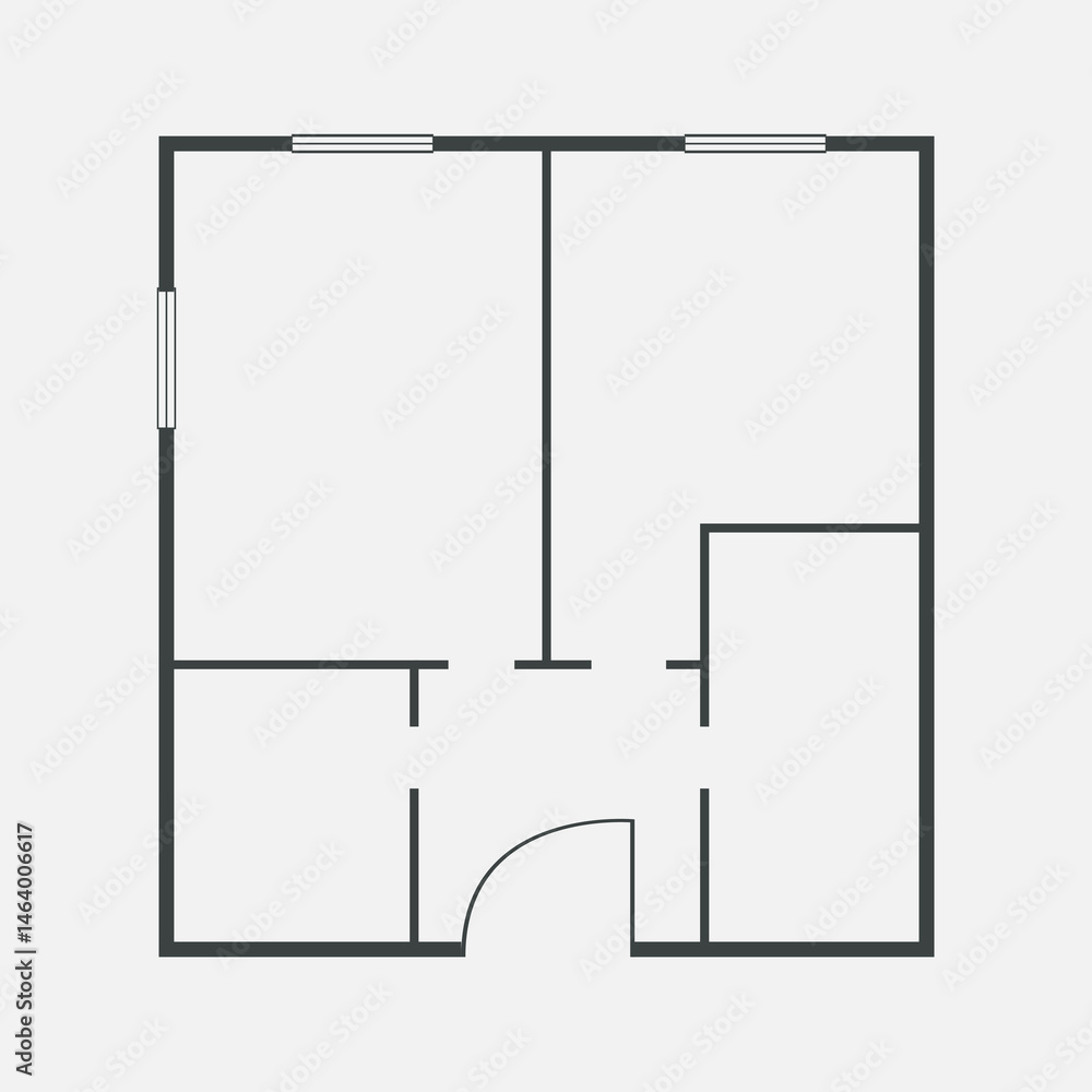 Floorplan simple icon room flat apartment line drawing, floor plan project, symbol. Technical architecture draw. Structure shape, build layout with doors and windows. Floorplan simple icon room flat apartment line drawing, floor plan project, symbol. Technical architecture draw. Structure shape, build layout with doors and windows.