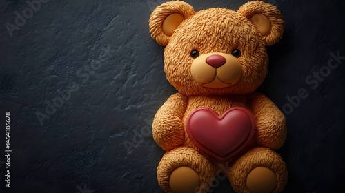 A teddy bear with a red heart is sitting on a dark surface
