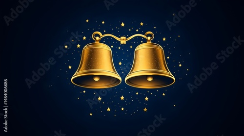 Two golden bells are suspended from a blue background