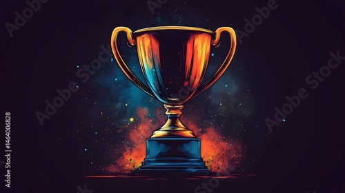 A gold cup with a blue base is shown on a dark background