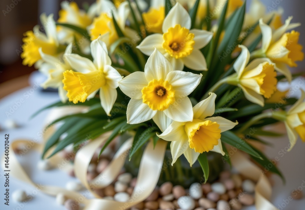 Obraz premium close up shot of a daffodils centerpiece with delicate ribbons and small decorative stones around it.
