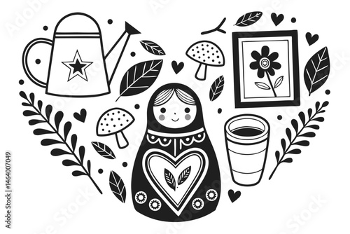 68 Monochrome illustration, Russian nesting doll, jam jar, teapot, vase with flowers, framed botanical art, heart shape, mushrooms, leaves, stars, cozy kitchen items, Scandinavian folk art style, blac