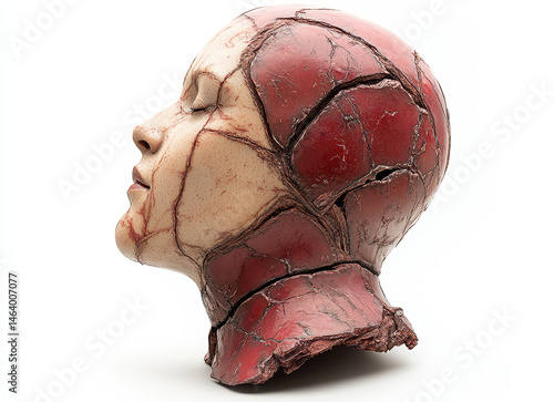 Sculptural Representation of Human Head with Red Cracked Texture and Artistic Design Concept in Profile View