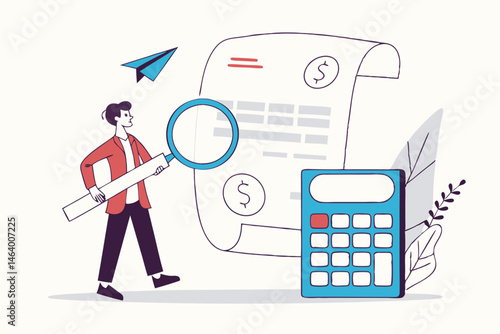 Financial Audit And Analysis With Man,Magnifying Glass And Calculator Illustration