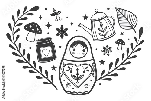 68 Monochrome illustration, Russian nesting doll, jam jar, teapot, vase with flowers, framed botanical art, heart shape, mushrooms, leaves, stars, cozy kitchen items, Scandinavian folk art style, blac