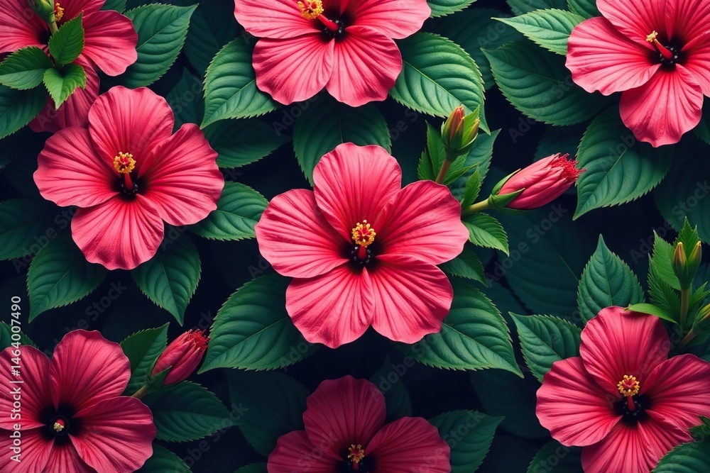 Vibrant hibiscus blooms, lush leaves, repeating pattern, blossom, seamless Vibrant hibiscus blooms, lush leaves, repeating pattern, blossom, seamless