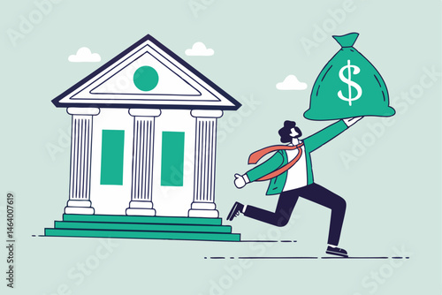 Man Runs Away With Money From Bank In Cartoon Style Illustration