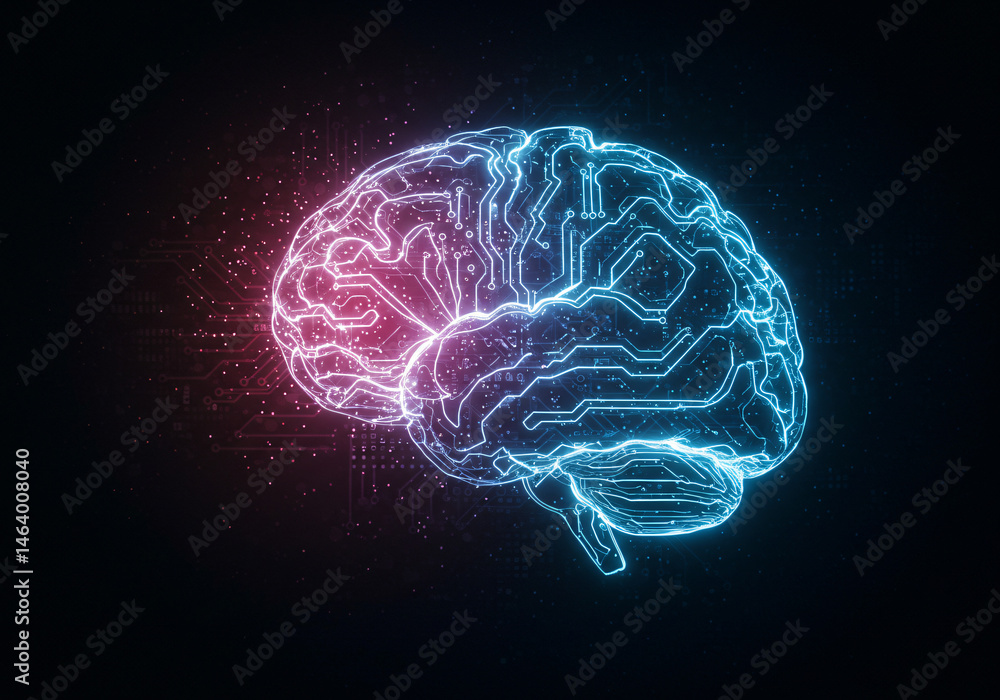 Futuristic AI Concept with Glowing Brain and Circuit Board Background on Dark Theme Futuristic AI Concept with Glowing Brain and Circuit Board Background on Dark Theme